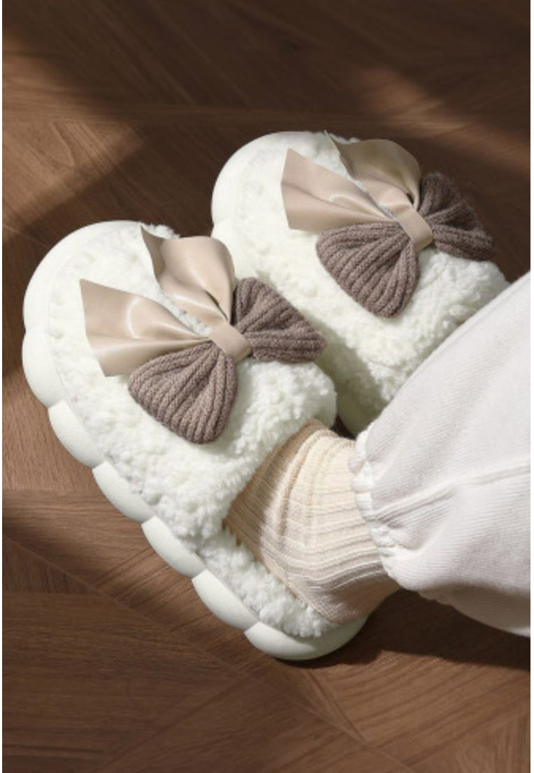 Plush Cute Bow Slippers for Women Furry Comfy Non Slip Indoor Bedroom Shoes for Fall Winter Warm Soft Sole