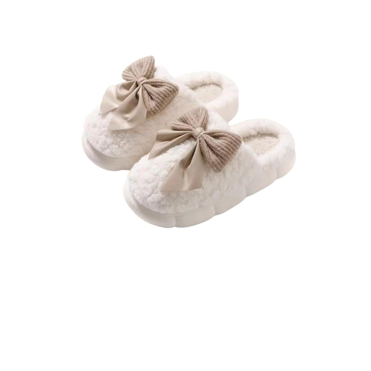 Plush Cute Bow Slippers for Women Furry Comfy Non Slip Indoor Bedroom Shoes for Fall Winter Warm Soft Sole