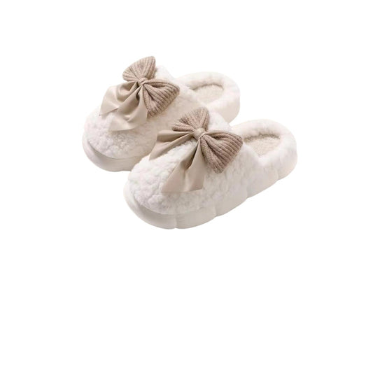 Plush Cute Bow Slippers for Women Furry Comfy Non Slip Indoor Bedroom Shoes for Fall Winter Warm Soft Sole