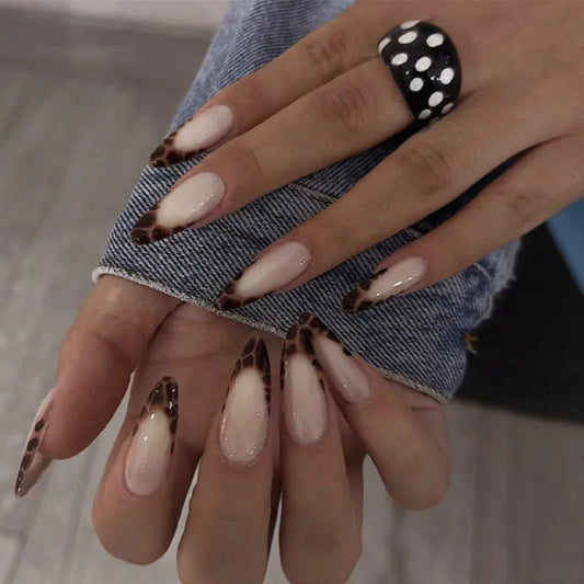 Trendy Almond Leopard Fke Nails - Easy Press - On